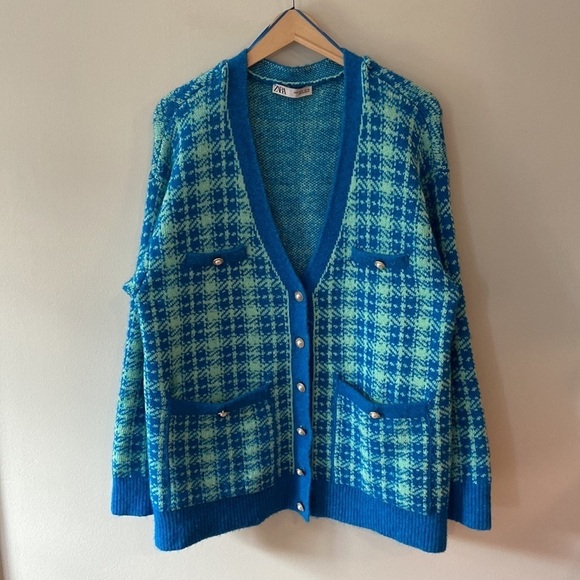 Zara Plaid Knit Jacket Blue Size Medium - Picture 5 of 16